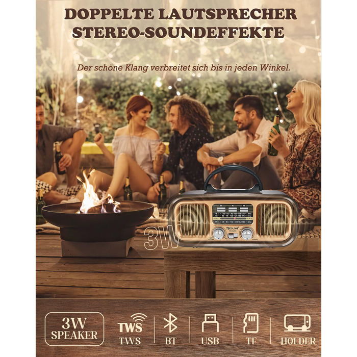 Ретро Радіо Klein з Bluetooth, AM/FM/SW радіо, портативне, з сонячною панеллю, USB/TF картка, 1200mAh, подвійний динамік