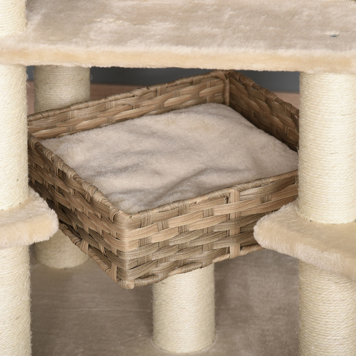 PawHut Дряпка для котів з ротангу, H174 см, XXL котячий комплекс з котячим будиночком, платформами для сидіння, котячою печерею, сизаль, Бежевий+Коричневий | Aosom