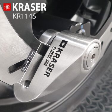 Замок на гальмівний диск KRASER KR114S для мотоцикла з сертифікатом SRA, протиугінний, подвійний замок 14 мм, 3 ключі, нагадувальний кабель, нержавіюча сталь