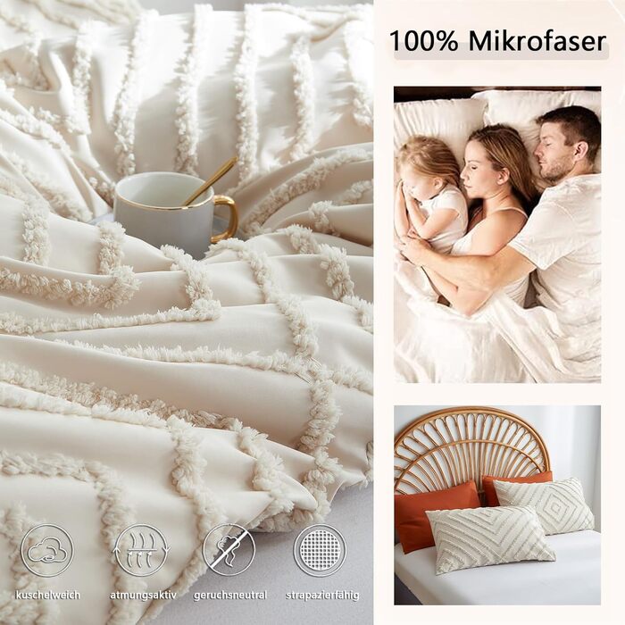 Бежева постільна білизна 220x240 см з ручною вишивкою, комплект. Вінтажний стиль, туфтоване покривало, бохо, шабі-шик. Матеріал: вимита мікрофібра. 1 декор. покривало на 220x240 см, 2 наволочки 80x80 см. Геометричний дизайн.