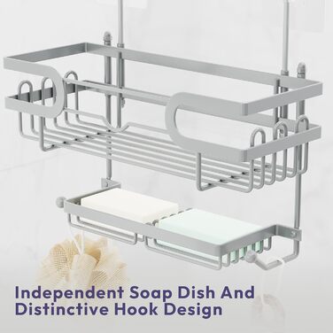 Настінна поличка для душу SWTYMIKI з нержавіючої сталі з 2 кошиками та 2 мильницями, 14 гачків, срібна