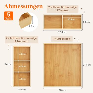 Lifewit Drawer Organizers with 6 Inserts, Adjustable Storage Box with 11 Compartments, Wooden Drawer Dividers for Kitchen Utensils, Vanity Organizer, Makeup, Office, Bathroom (5)