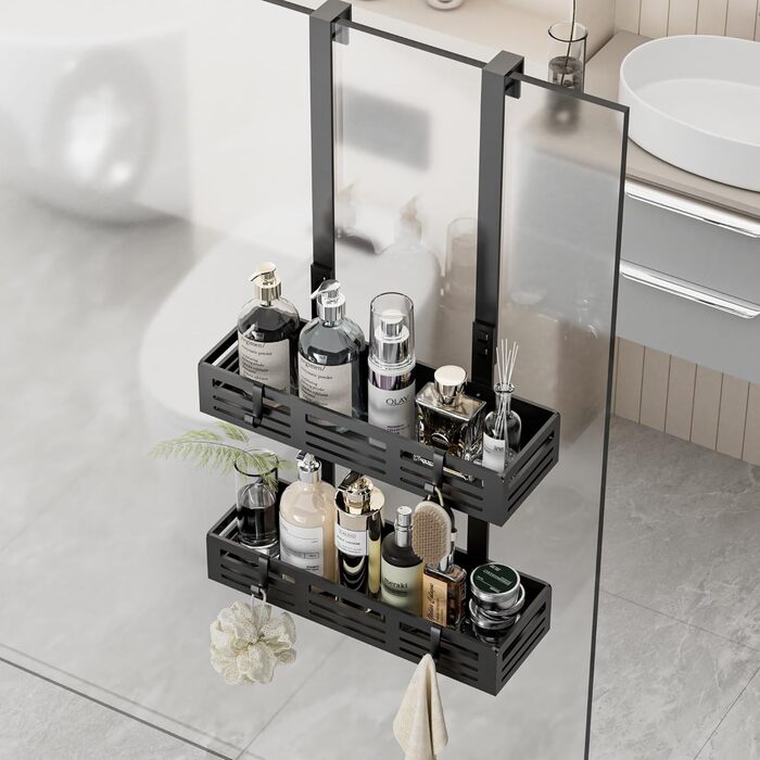 Настінна поличка для душу Hawsam з 2 кошиками та 4 гачками, без свердління, чорна