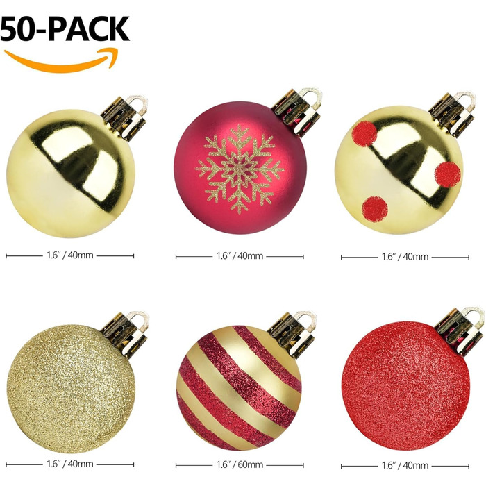 Новорічні кулі для ялинки, 50 шт. 3/4/6 см, з глітером, червоно-золоті. Пластикові прикраси для ялинки