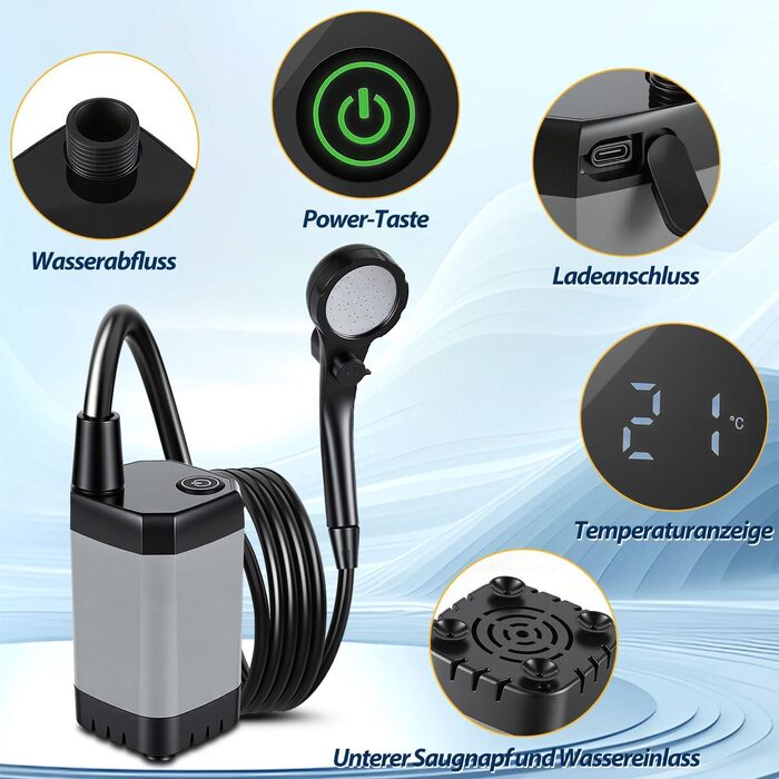 Портативний душ для кемпінгу з насосом 6000mAh, 20л, складне відро та аксесуари для подорожей, саду, авто, тварин