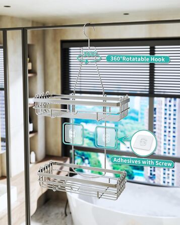 HapiRm Shower Shelf for Hanging, Hanging Shower Rack with Multiple Hooks - High-Quality Hanging Shower Basket Stainless Steel, No Drilling Required, Silver