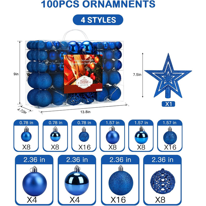 101 шт. блакитні ялинкові кулі Aitsite 6см/4см/2см, пластикові прикраси для ялинки, декор для дому, свята