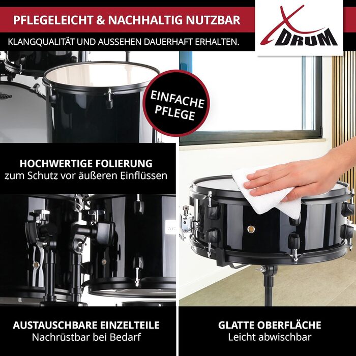 XDrum Rookie 20' Комплект барабанів для студії Black - Ідеальний для початківців - Стильне чорне обладнання - З паличками, інструкцією та школою барабанщиків