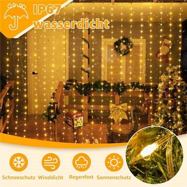 Льодосвітна штора Ollny для декорування фасаду 3x3м, 300 LED, 8 режимів, IP67, пульт, таймер, димування, для декору на Різдво, двері, стіни, вечірки, вікна, балкон (тепле біле світло)