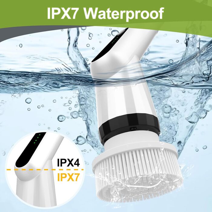 Електрична щітка для прибирання з 7 насадок, водонепроникна IPX7, регульована ручка, для ванної, кухні, підлоги, авто, біла