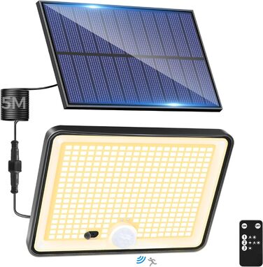 LOTMOS 2 Pack Solar Lights for Outdoors with Motion Sensor, 342 LED Outdoor Light Solar IP65 Waterproof Solar Spotlight 3 Modes with Remote Control, Solar Lamp Outdoor for Garden Garage Exterior (Warm White, 1 Pack)