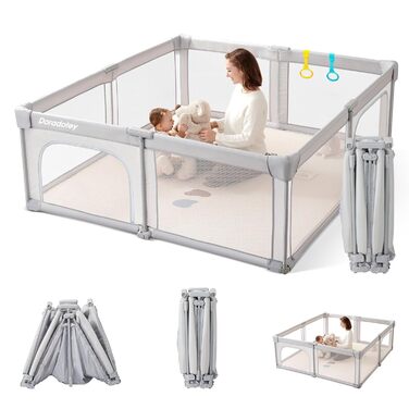 Doradotey playpen baby 150x150cm, foldable baby gate with breathable mesh, baby playpen with two zipper doors, stable grey children's playpen 150x150x68cm Grey
