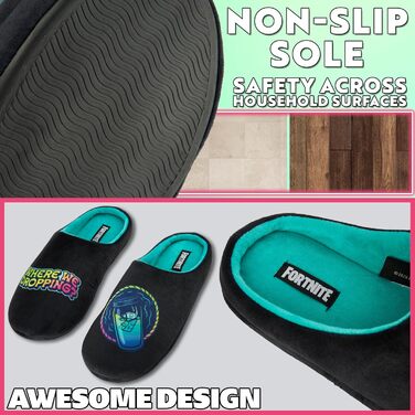 Тапочки Fortnite для дітей, розмір 32-42, чорні. Зі слизькою підошвою TPR, м'який фліс, Slip-On, подарунок для хлопчика