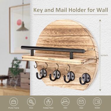 Настінна вішалка для ключів Nekon з полицею та 8 гачками, 24.8 см, дерев'яний декор для дому