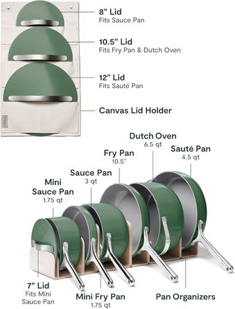 Набір посуду Caraway Deluxe антипригарний керамічний 16 предметів: каструлі, сковороди, кришки, органайзер для кухні – без PFAS та PFOA, жаростійкий, для всіх типів плит (Колір: шавлія)
