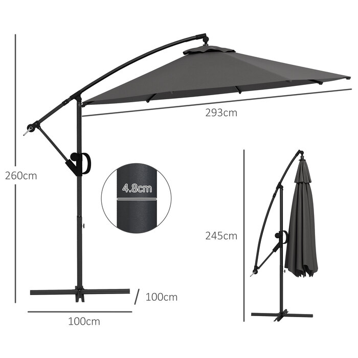Розтяжний парасоль від Outsunny Ø293 x 260Hcm з ручним механізмом та хрестоподійною основою, вентильоване полотно, регульований нахил, 8 ребер, поліестер сірого кольору