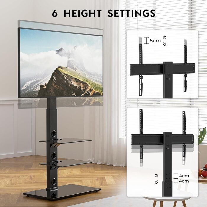 BONTEC TV Stand for 30-70 inch LED OLED LCD Plasma TVs - Adjustable Height, 3-Tier Tempered Glass Shelves, VESA 600x400, 40kg Capacity, Black