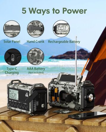 Радіо Kurbelradio на сонячній батареї та з ручкою, 12000mAh, AM/FM/SW, USB-зарядка, SOS-сигнал, для кемпінгу та надзвичайних ситуацій, зелений (сірий камуфляж)
