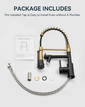 Кран кухонний LED Warmiehomy професійний, 360° поворотний, з двома виливами, високий вигин, спіральна пружина, для мийки, брашований нікель (чорний та золотий)