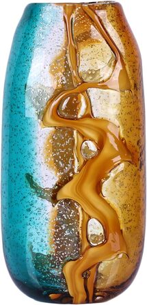 Blue-Green Blown Glass Flower Vase - Unique Murano Style Decor for Bookshelves & Living Rooms