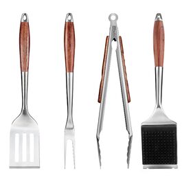 Набір аксесуарів для гриля FJNATINH з нержавіючої сталі з дерев'яною ручкою, 4-х частинний комплект: щипці, лопатка, щітка з нержавіючої сталі та виделка. Практичний відкривач для пляшок – ідеально для гриля та як подарунок. Набір гриль-інструментів 4 шт.