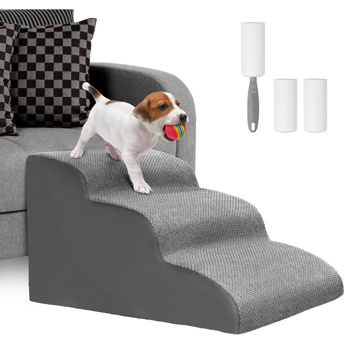 Dog stairs for small dogs, 3 steps pet stairs, cat stairs, sponge dog ramp for sofa bed, dog steps with removable cover, washable pet ladder, lint roller included, grey