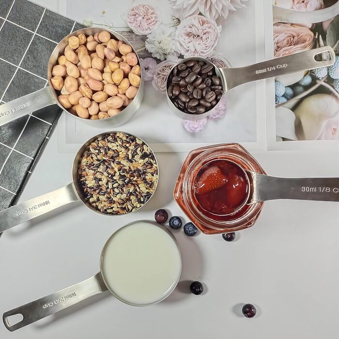 Stainless Steel Measuring Cups and Spoons Set, 8 Piece Measuring Cups, 9 Piece Spoons, 1 Leveler, 1 Conversion Chart for Stainless Steel Measuring Cups, 18/8 (304)