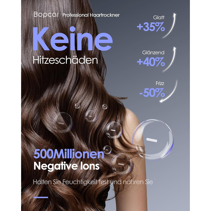 Іонізатор волосся Bopcal, 160000 об/хв, 500 млн іонів, з насадкою-дифузором, професійний фен для дому, салону, подорожей, 12 режимів, чорний