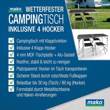 Складаний кемпінговий стіл з алюмінієвою рамою та стільницею МДФ 120x60x70 см + 4 стільці - для пікніка, дачі, відпочинку на природі