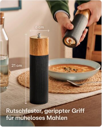 Набір для солі та перцю Praknu з акації FSC® з керамічним жорном – безступеневе регулювання та довговічність – для перцю та солі – дерев'яна млинка для спецій – набір млинок для солі та перцю – чорний – великий