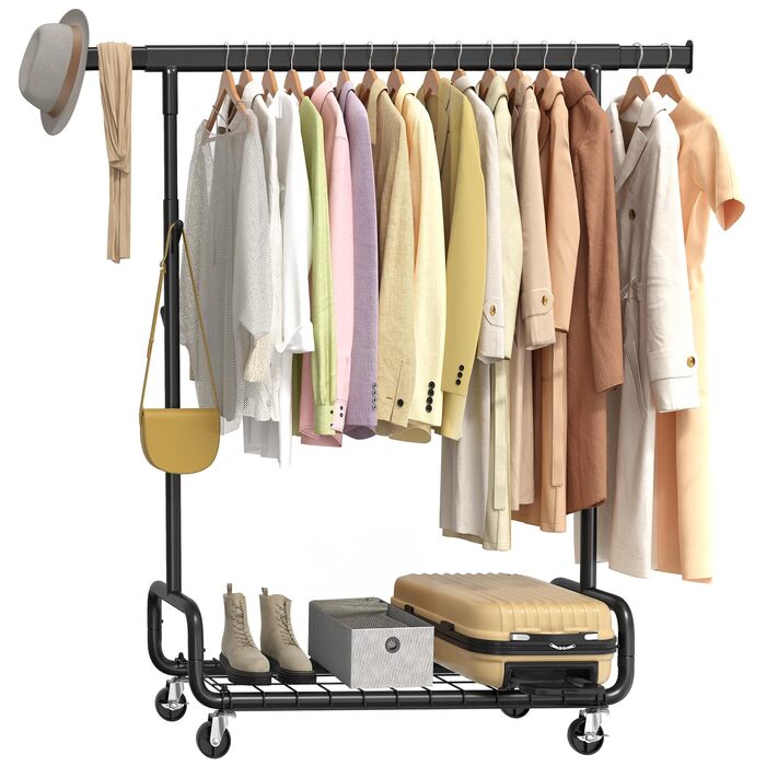 SONGMICS Стійка для одягу на коліщатках, важка, з висувними штангами, регульована висота, з полицею та гачками (HSR015B01, Чорний)
