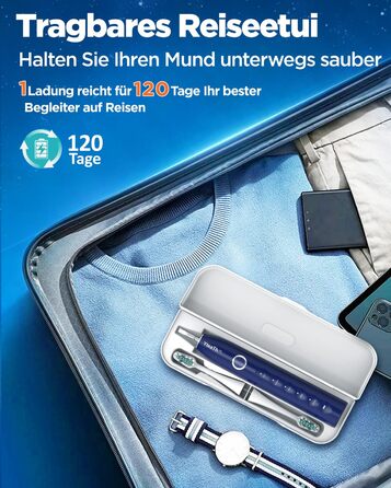 Електрична зубна щітка зі звуковими вібраціями, 8 насадок, 5 режимів, таймер, 120 днів роботи від акумулятора, для дорослих, синього кольору