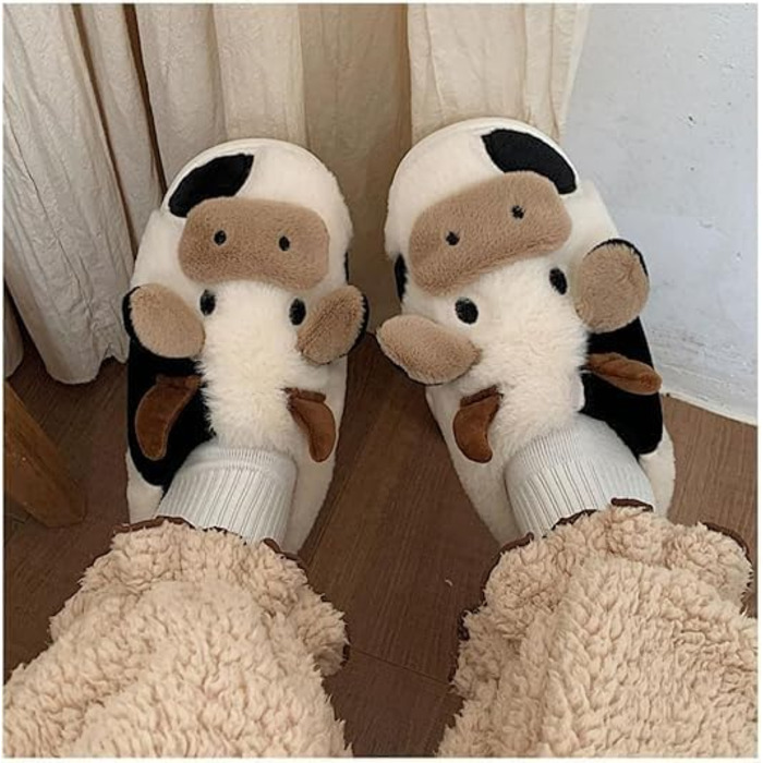 Тапочки жіночі зимові Shoppawhile з плюшем у вигляді корови, теплі, зручні, антиковзні, 38/39 EU, білі