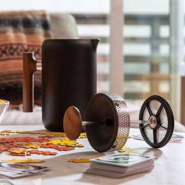 Fellow Clara Insulated French Press – Portable Stainless Steel Coffee Press, Insulated Hand Press, Matte Black with Walnut, 680g Carafe