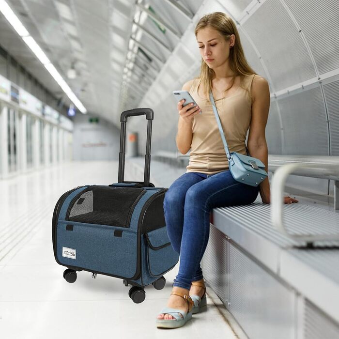 Сумка-переноска для собак та котів Galatée з колесами, транспортна переноска для тварин, схвалена авіакомпаніями, складна переноска з дихаючою сіткою, візок для домашніх тварин (білий/блакитний)