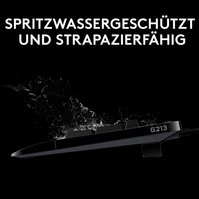 Ігрова клавіатура Logitech G213 Prodigy з RGB-підсвічуванням, програмовані клавіші G, мультимедійне керування, підставка для зап'ястя, захист від бризок, німецьке QWERTZ-розташування клавіш – чорний колір, німецька версія