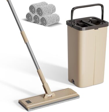 Набір для миття підлоги з відром, 2 в 1, з регульованою ручкою з нержавіючої сталі та 6 мікрофібровими насадками, для плитки та ламінату, сіро-коричневий