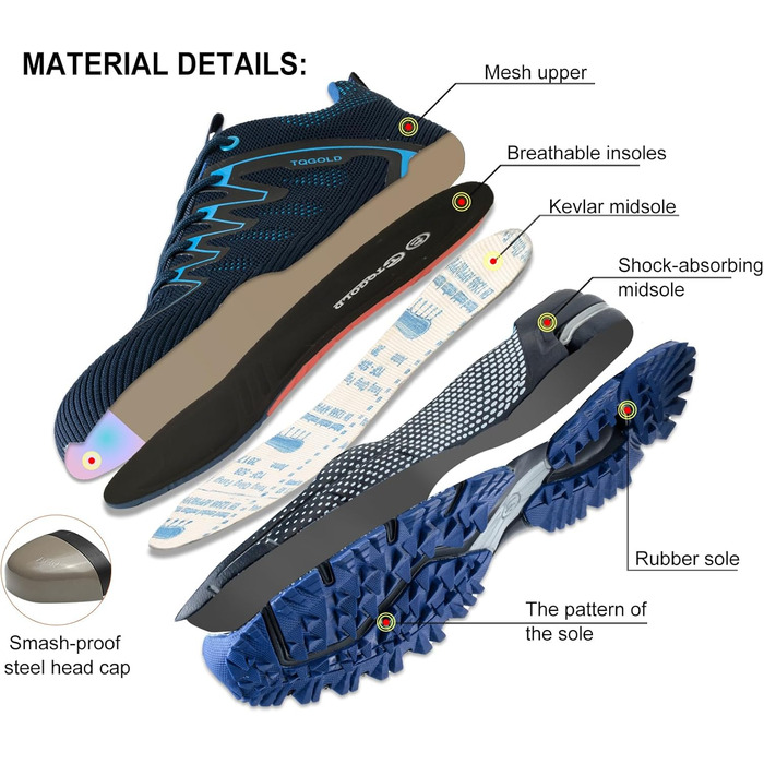 Черевики робочі AONEGOLD чоловічі/жіночі, легкі, з металевим носком, антиковзаючі, дихаючі, спортивні, розмір 36-48 EU (37 EU, 8395 Blue)