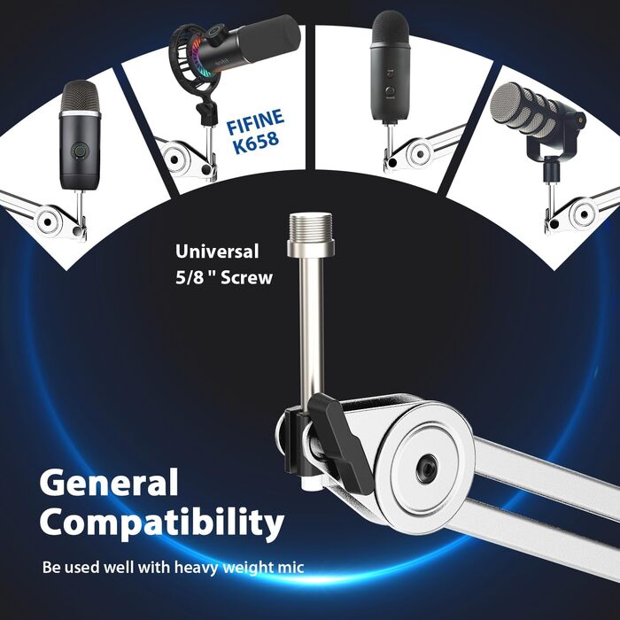 Кріплення для мікрофону FIFINE, регульоване, з адаптером 3/8' - 5/8', кліпса, 3 кабельних стяжки, білий