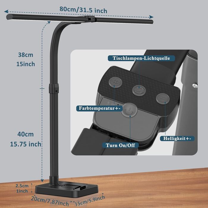 LED настільна лампа Doppelkopf з регулюванням яскравості, 24W, 80см, велика та яскрава, захист очей, чорний колір, гнусий шийка, 25 режимів освітлення, для офісу та дому
