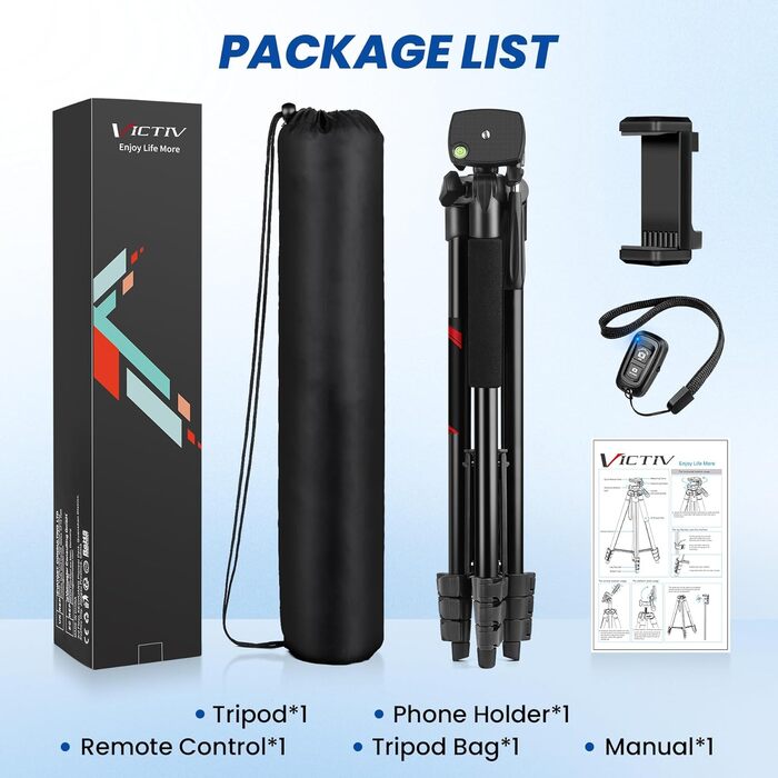 Штатив Victiv 162 см: розширюваний штатив з пультом для iPhone/Samsung/Huawei, для смартфонів та легких камер, 3-х стороння головка