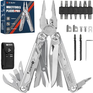 Multitools, Folding Pliers Multi Tool with Improved Scissors and Screwdriver, Stainless Steel with Nylon Pouch, Ideal for Outdoor, Hiking Gift for Dad Men Christmas Gifts