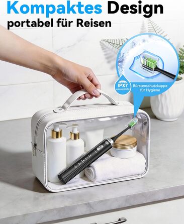 Електрична звукова зубна щітка JTF з УФ-дезінфекцією та сушінням, бездротова зарядка, 5 режимів чищення, 6 насадок, стаканчик для полоскання, акумуляторна для дому та подорожей (Чорна)