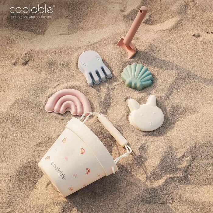 Coolable 6 PCS Beach Toys for Kids, Silicone Beach Toy Set, Includes Bucket, Shovel, and 4 Sand Molds for Boys and Girls (Rainbow)