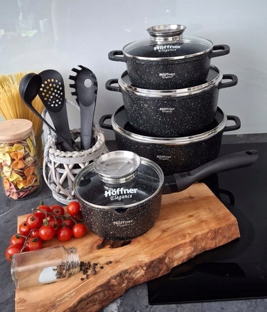 Набір каструль Hoffner, алюміній з мармуровим покриттям, чорний, 17 предметів