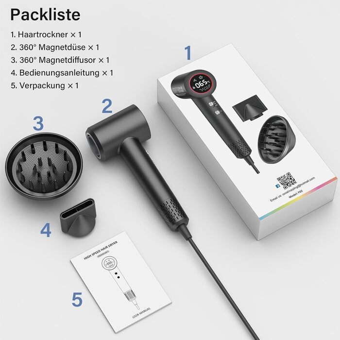 Фен з дифузором, 110000 об/хв безщітковий двигун, низький шум 57dB, для подорожей та дому, Dark Grey