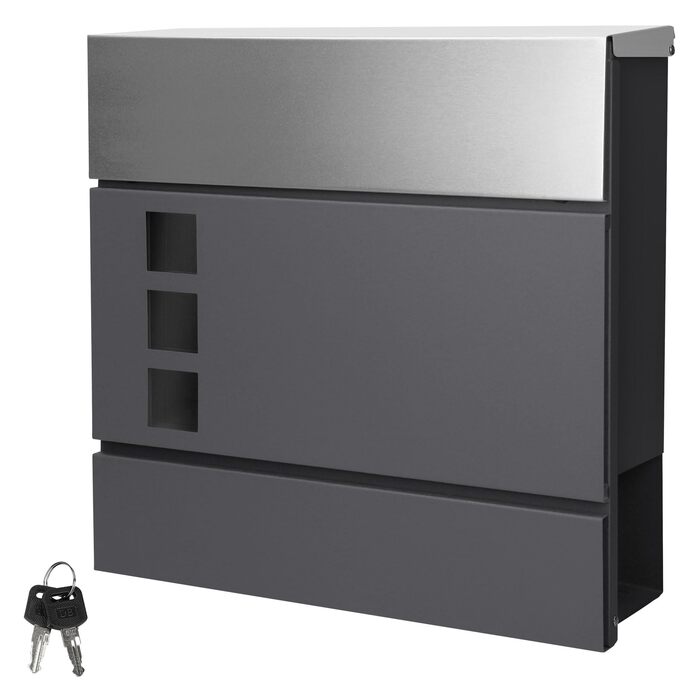 Поштова скринька настінна ECD Germany з газетницею, антрацит/срібло, 37x10.5x36.5 см, нержавіюча сталь, вікно огляду, 2 ключі, кріплення. Сучасний дизайн.