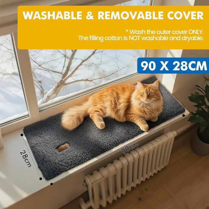 Самогріюча лежанка для котів на підвіконня, м'яка та неслизька, 90 x 28 см, сірий колір