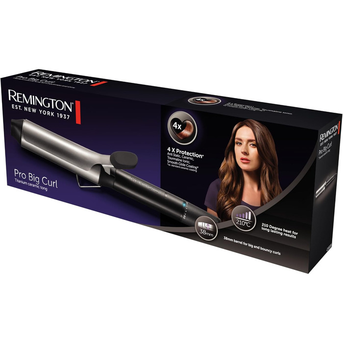 Плойка для волосся Remington Pro Big Curl CI5538: великі локони, 38 мм, захист, кераміка, турмалін, дисплей 210°C, чорна