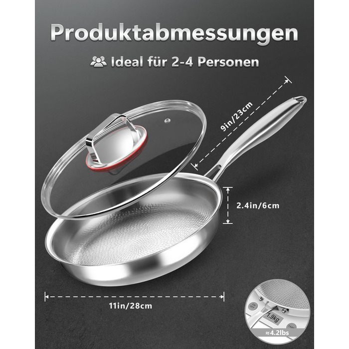 Сковорода з нержавіючої сталі Edelstahl 30 см з кришкою, індукційна, для всіх типів плит, 18/10, до 250°C, швидке нагрівання